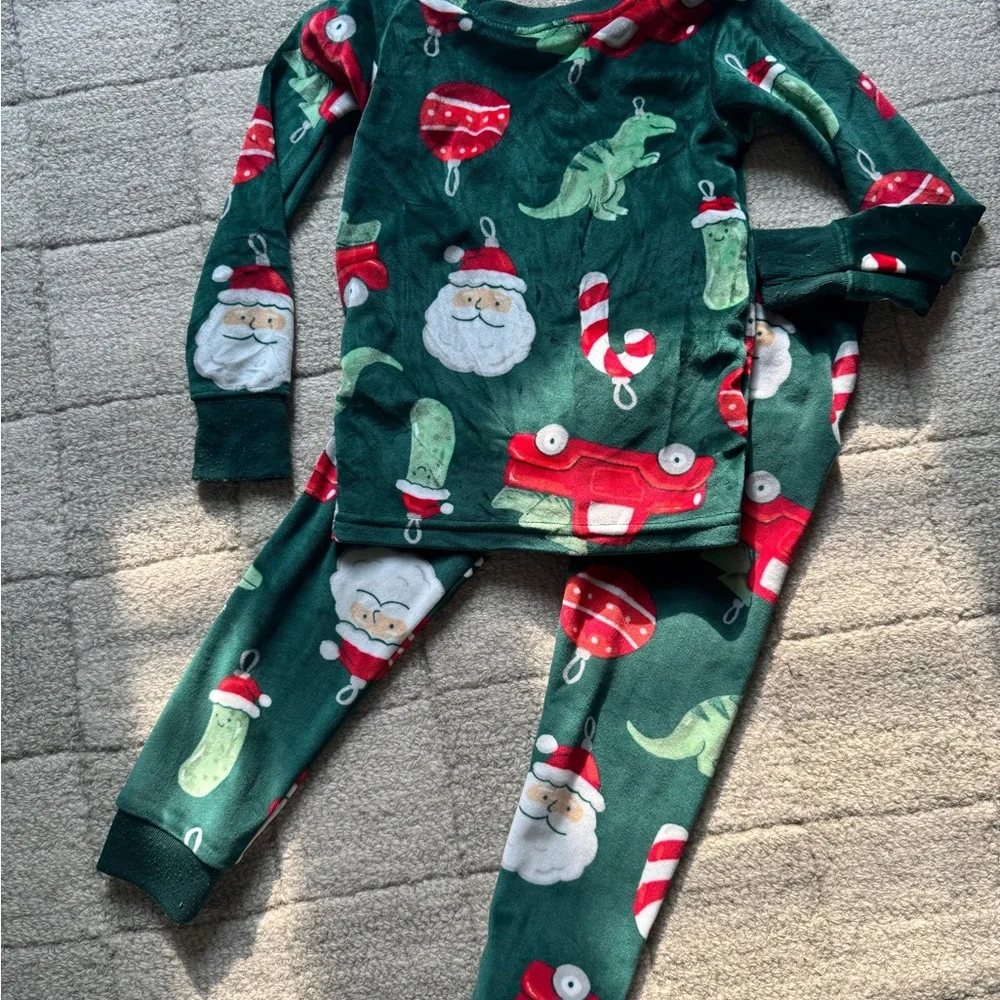 Toddler Green Santa & Holiday Ornament Print Pajama Set